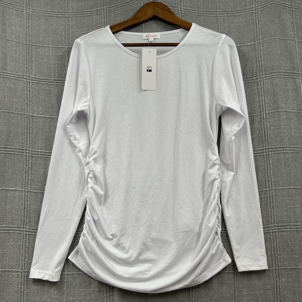 NWT Bhome White Long Sleeve Maternity Top MEDIUM Crew Neck Shirt Side Ruched